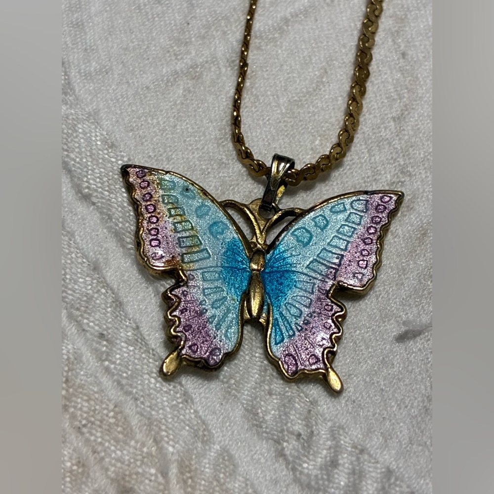 Vintage Gold & Multicolored Butterfly Pendant Necklace